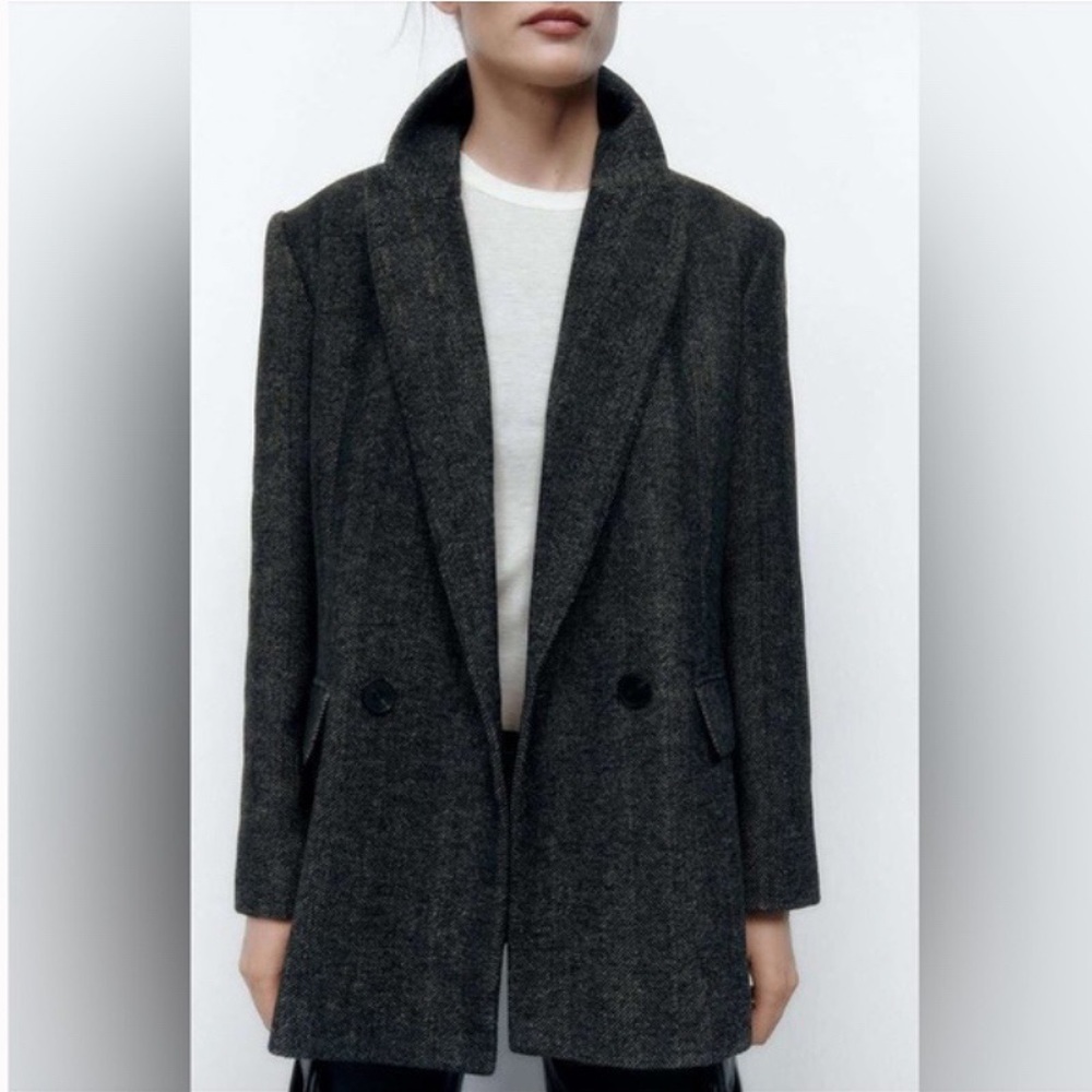Zara Charcoal Herringbone Wool Blazer